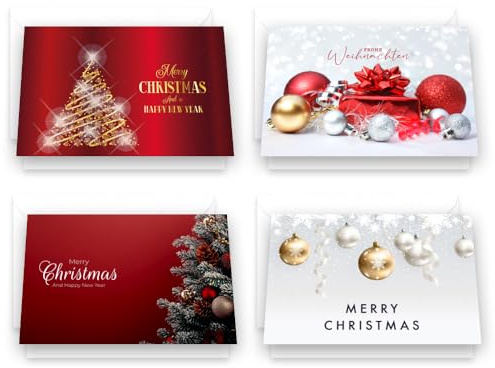 4 edle Premium Weihnachtskarten 12x18cm Klappkarten mit 4 Kuverts in weiß - Grusskarte für Weihnachten merry christmas