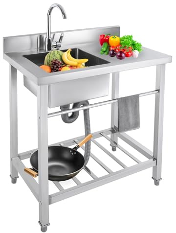DIFU Edelstahl Spüle 80 x 55 x 84 cm Freistehende Camping Spültisch 2 Becken mit Armatur, Outdoor Küchenspüle mit Plattform, Spültisch mit Unterschrank, Mobile Multifunktionswaschtisch