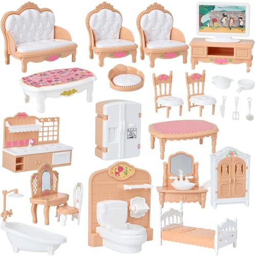 Meubles de Maison de poupée 4 Ensembles Meubles Maison poupée réalistes, Accessoires Miniatures pour Enfants, Chambre à Coucher, Salle Bain, Bricolage, Jeu Simulati