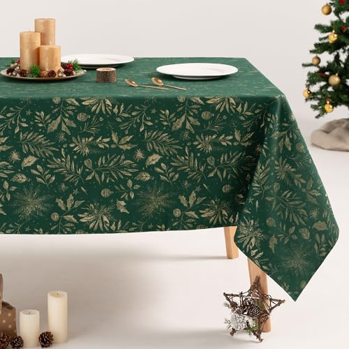 GAMUSI Tischdecke für Weihnachten, Blumenmuster, Jacquard, Goldgarn, Esstisch, rechteckig, Weihnachtsdekoration, 140 x 240 cm, Grün