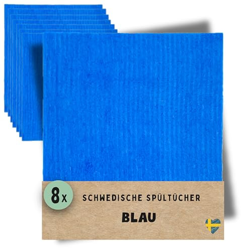 Grünschloss Waschbare Spültücher Blau (8X) – Original Schwedische Spüllappen Baumwolle + Zellulose (Ohne Müffeln) – Natur Schwammtücher Küche, Abwaschlappen Bunt & Putzlappen Ocean Blue