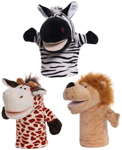 Ameble Tierische Handpuppen, 3 Stück, 9, 84 Zoll, weiche Plüschpuppen für Kinder, bewegliches Puppentheater mit offenem Mund für Geschichtenerzählen, Unterricht, Vorschule, Rollenspiele.