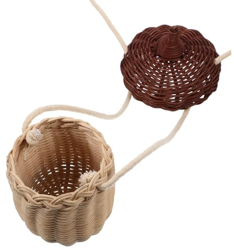 POPETPOP Kleiner Eichel Umhängetasche aus Rattan Kunststoffgeflecht Schultertasche mit Verschiebbarem Deckel Kleine Aufbewahrungstasche für Alltag und Fotorequisiten