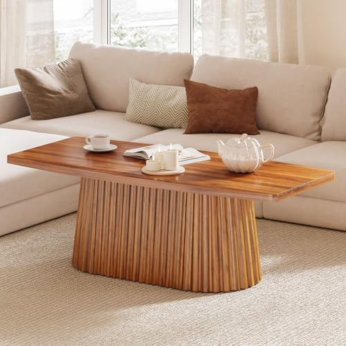LITTLE TREE 47.24 Inches Rectangular Coffee Table with Rounded Short Edges, Farmhouse Accent Center Table with Pleated Base & Large Tabletop, Rustic Wooden Furniture for Living Room, Brown