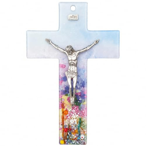 Lunexus Väggkors glaskreuz 26 cm handgjord – glaskuss med Corpus Jesus INRI, kors dop gåva pojkar flickor, dop presenter barn kors katolsk färgglad, konfirmation religiös