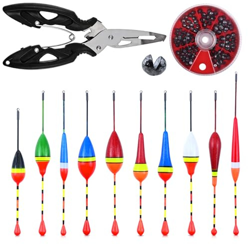LumenPoles Posen Angeln, 10 Größen Angelposen, Auffällige Farben | 10 Stück Posen Set, Schwimmer Angeln mit Angelblei und Adlerschnabelzange, Angelzubehör für Verschiedene Fischgrößen in Seen