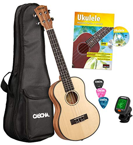 CASCHA Professionelle Tenore Ukulele mit Zubehör, Aquila Saiten, gepolsterte Tasche, Stimmgerät, 3 Plektren