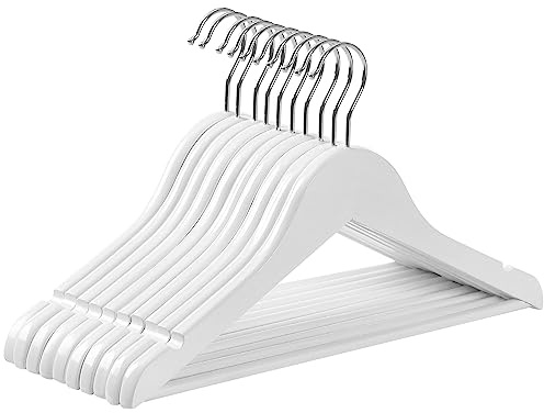 SONGMICS Cintre Enfant en Bois, Lot de 10, avec Barre de Suspension, Encoches, Crochet Rotatif à à 360°, Longueur 35 cm, Blanc CRW006W02