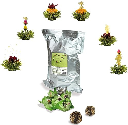 Creano „Fleurs de Thé“ Verts – Paquet en Vrac de 6 variétés – Thé Vert aromatisé – Recharge pour théière – 2 à 3 infusions par fleur