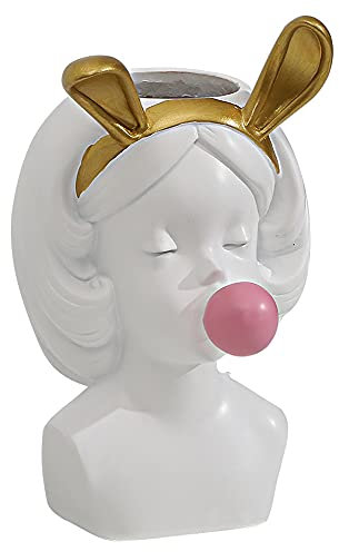 Hosoncovy Resin Vase with Cute Rabbit Ear Design - Bubble Gum Face Vase, Small Decorative Plant Pot for Home Decoration (White)
