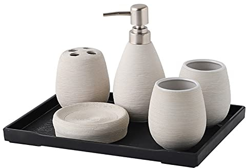 Tauzveok Bad-Accessoires Set Keramik Badezimmer 6-Teilig Mit Seifenspender Zahnbürstenhalterung Seifenschale Becher Und Ablagefach Luxuriöses Badezimmer-Set,Weiß