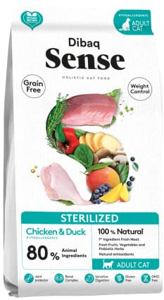 Dibaq Sense Katze: Hühnchen-Entenfutter, 100 % natürlich und getreidefrei, speziell für sterilisierte Katzen, 6 kg