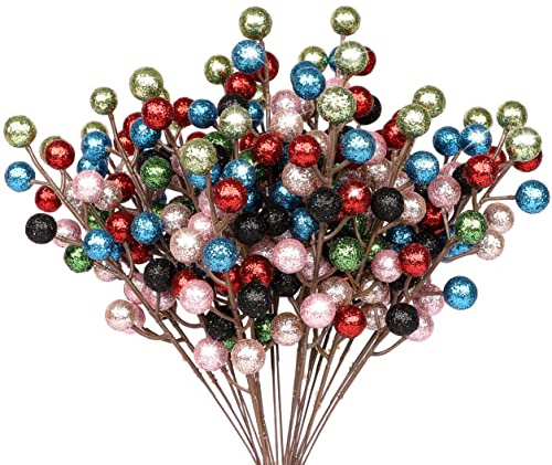 HOHOTIME Künstliche Beerenstiele, Zweige, künstliche Stechpalme, Bunte Beeren, Zweige, Ornamente für Weihnachtsbaum, Kranz, Basteln, Dekorationen, Urlaub, Heimdekoration, 24 Stück