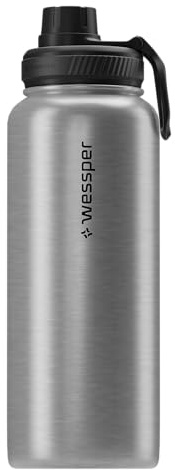 Wessper Edelstahl Trinkflasche 1L Auslaufsicher Thermosflasche BPA-Frei mit 3 Deckel | Silber Elegante Trinkflasche Sport | Isolierflasche Kinder Erwachsene für Camping Fahrrad Sport Outdoor