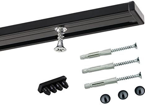Deco-Raum Gardinenschiene auf Maß Aluminium 1-läufig vorgebohrt Vorhangschiene Deckenbefestigung für Schiebevorhang Vorhang Gardinen mit Befestigungsmaterial schwarz 140 cm Minimal