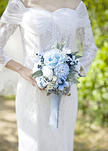 Ansofi Dusty Blue Hochzeitssträuße für Braut Brautjungfern Künstliche Rose Blume Brautstrauß für Hochzeit Zeremonie Jahrestag Brautdusche und Französisch Rustikal Vintage Boho Hochzeit
