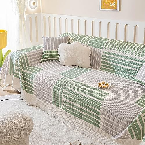 Homxi Sofabezug 1 Sitzer,180x150CM,Sofahusse Universel Streifenmuster mit Quasten Sofabezug Leinen Baumwolle Handtuch Sofa Grün Grau Sofa Überzug Universal