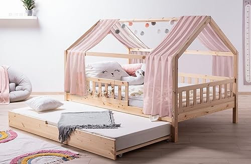 TiCAA Kinderbett Hausbett mit Tüll Kim inkl. Zusatzbett