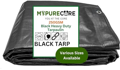 MYPURECORE Heavy Duty Waterproof Tarpaulin - Black Tarp for Outdoor Protection - Durable Groundsheet, Tent Shield, Trailer & Trampoline Cover - UV & Weatherproof Sheet for Camping & Garden (2x2m)