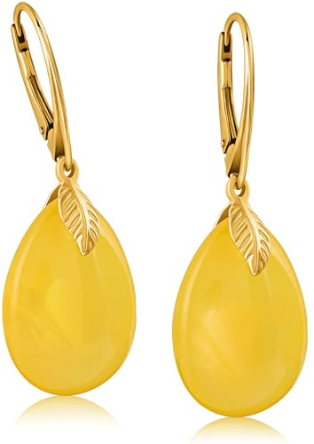 Amber by Mazukna - Pendientes de ámbar - Elegante joyería de ámbar colgante con accesorios dorados para mujer, pendientes de ámbar en forma de lágrima, joyería para mujer, 15 mm, Plata de ley Ámbar