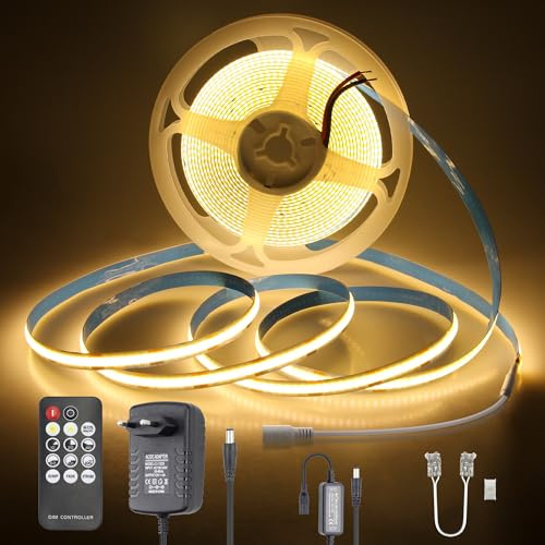 Aclorol COB LED Streifen 5M 12V Warmweiß mit Fernbedienung und Netzteil | Dimmbar, Selbstklebend, Plug and Play LED Flexibel Band mit App Timer, für Indirekte Beleuchtung Wohnzimmer Unterbau Küche