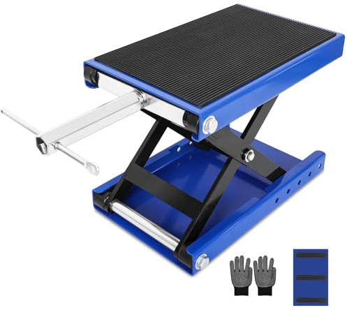 Elevador de motocicleta, capacidad de 1100 libras, gato de tijera para motocicleta con parte inferior antideslizante mejorada y cubierta ancha de goma gruesa, soporte de elevación de acero con