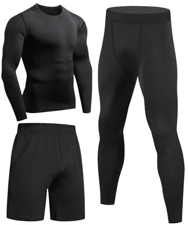 Niksa 3 Pezzi Fitness Palestra Completi Sportivi da Uomo Abbigliamento Sportivo,Compressivo Maglie e T-Shirt Pantaloni Collant a Compressione Vestiti, Nero, M