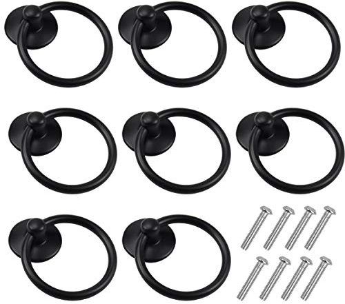 Ehuihuan 8 Pièces Boutons de Porte Vintage, Poignées de Meuble Ronde, Poignée D'armoire Classique, Tiroir Bague Poignée de Traction, Bouton de Meuble pour Cuisine Armoire Placard Commode (Noir)