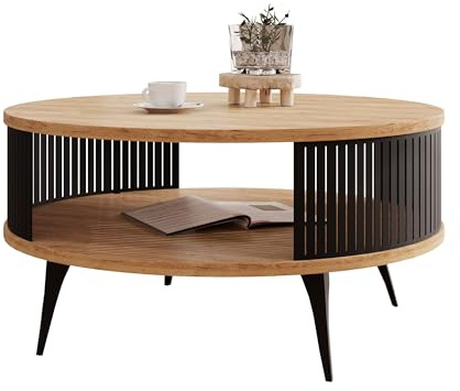Mirjan24 Couchtisch Rajkon, runde Form (Eiche Craft Gold, Schwarz) | Moderner Wohnzimmertisch mit praktischer Ablage, stabilem Stahlgestell und pflegeleichter Oberfläche