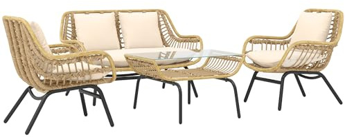 Outsunny Set da Giardino 4 Pezzi in Rattan PE e Metallo, Set di Mobili da Esterno con Divanetto, 2 Sedie con Cuscini e Tavolino da Caffè con Piano in Vetro Temperato, Beige