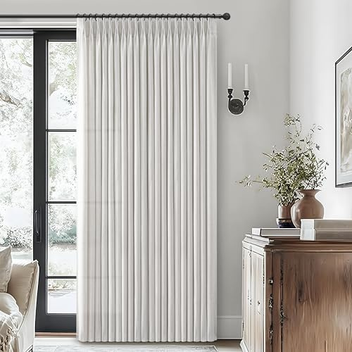 Beige White Linen Extra Wide Sheer Curtains 70 x 90 Inches Long 2 Panels Set for Bedroom, Pinch Pleat Light Filtering Summer Heat Curtain with Ceiling Track Off White 90 Inch Length Sliding Door Burg