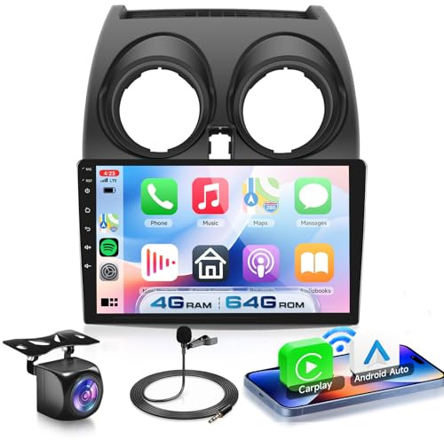 VECHTEL 4G+64G Android 15 Radio Coche para Nissan Qashqai J10 2006-2016, 9 Pulgadas HD Pantalla Táctil de Autoradio con Carplay Android Auto Inalámbrico GPS Wi-Fi USB Bluetooth 5.0 Radio FM RDS Cámara