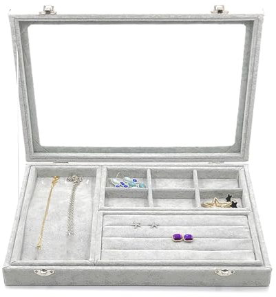 Diogeynu Große Plüsch-Schmuckschatulle mit Deckel, multifunktionale Plüsch-Schmuckschatulle mit Glasabdeckungen zur Aufbewahrung verschiedener Schmuckstücke