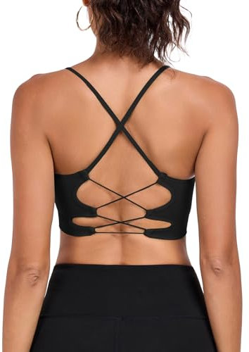 ANGOOL Sport BH Damen ohne Bügel Crossback Spaghettiträger Bustier Damen Abnehmbare Gepolstert Seamless Rückenkreuz Sport Top Yoga Radfahren Gym, Schwarz, M