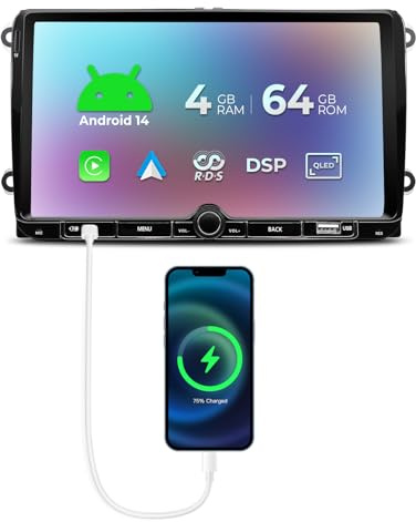 SWTNVIN Android 14 Autoradio mit Schnellladefunktion für VW Passat B6/Golf 5/6/ Skoda | 9 Zoll Touchscreen, Octa-Core (4+64GB) | 4G LTE, Wireless CarPlay/Android Auto, DSP, DAB+ Radio, BT 5.0, GPS