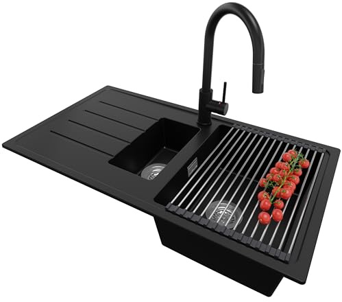 PRIMAGRAN Fregadero Granito al Mueble 60cm + Grifo, 90x50cm | Set: Grifo BW9010 + Kit de desagüe + Enrollable Escurridor + Copenhague Duo 1,5 Senos para Cocina, Negro