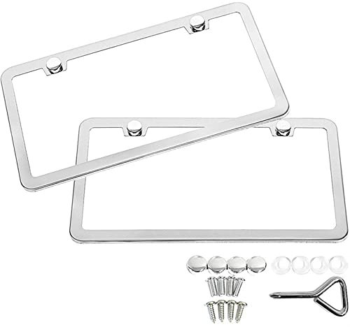 Universal Kennzeichenhalter Auto, 2 Teile / 1 Satz Silber Edelstahl Polish Spiegel Kennzeichen Rahmen Chrom Schraube Kappen Autozubehör