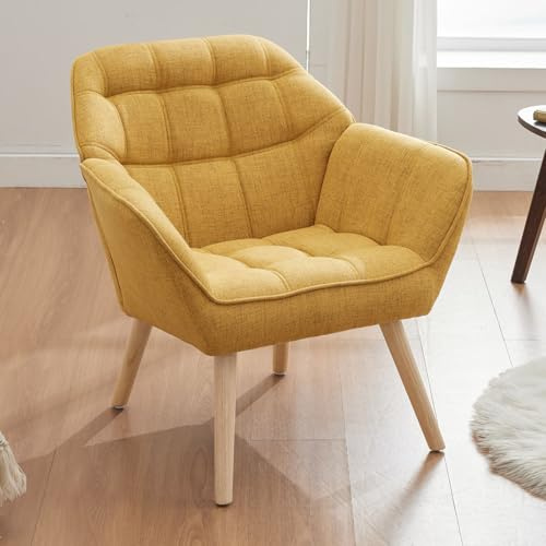 Ya-Home Sessel Wohnzimmer Ohrensessel mit Holzbeinen, Leinen, Gelb | Bequeme Armlehnen, dicke Schaumfüllung, massive Holzbeine, atmungsaktiver Leinenstoff, gepolsterter Lesesessel