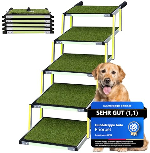 Hundetreppe Auto Klappbar - Hundetreppe Große Hunde - Anti-rutsch Kunstrasen Einsatz - Leuchtende Leitmarkierung - Gelenkschonende Einstiegshilfe Auto Hund - Hundeleiter Faltbar - Zu 77kg - 5 Stufen
