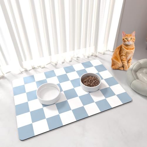 BLESWIN Katzenfutter Matte - 51x30,5CM Katze Hund Matten für Futter und Wasser Schüssel, Anti-Rutsch unter Haustier Schalen Matten für Unordentliche Trinker, Blau & Weiß