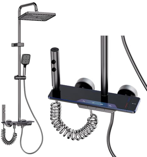 HAOMIAO Duschsystem mit Ablage, 4-in-1 Regendusche Duschset mit Höhenverstellbarer Duschstange, Handbrause (3 Strahlarten), Bidet-Sprüher & Verborgener Wasserfall, Anti-Kalk-Düsen, Grau/Schwarz