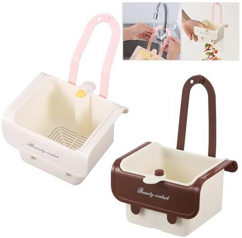 Fentar Sieb für Spülbecken 2 Stück, Spülbeckensieb zum Einhängen mit Druckknopf, Multifunktional Abflusssieb Küchenspüle für Waschen und Organisieren, ABS Abtropfkorb für Spülbecken (Rosa, Braun)