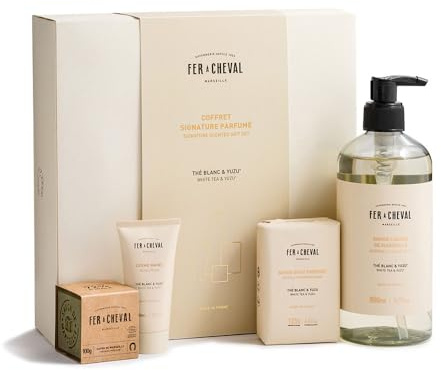 Savonnerie Fer à Cheval Coffret Cadeau Signature Parfumé Thé Blanc & Yuzu – Savon Liquide de Marseille, Savon Doux Parfumé, Crème Mains et Cube de Savon de Marseille