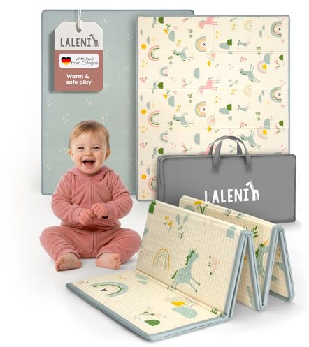 Laleni babymatta 150 x 180 x 1 cm, vattentät, hopfällbar lekmatta, isolerande och mjuk, för inomhus- och utomhusbruk – Regnbågsmotiv