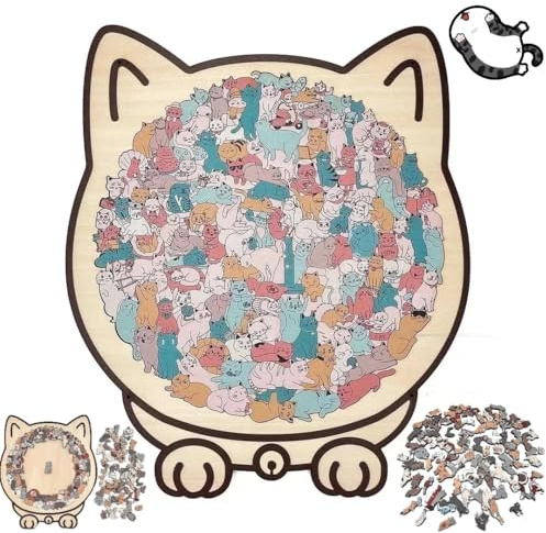 Cat Wooden Jigsaw Puzzle, 135-Piece Colored Cats Shaped Wooden Jigsaw Puzzles, Framed by Adorable Cats Outline Puzzles, Creative Puzzle Gifts for Cat Lovers, Home Decor (Macaron, 1pcs)