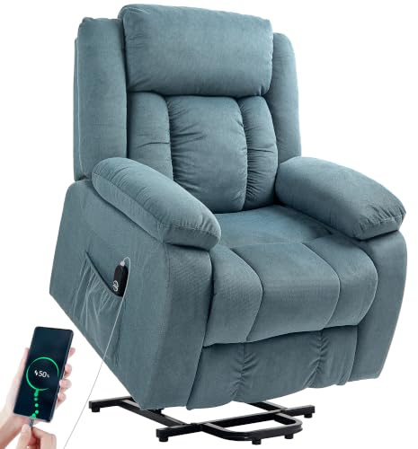 HOMCOM Fernsehsessel mit Aufstehhilfe Elektrisch Fernbedienung Blau | Relaxsessel mit Liegefunktion, Vibrationsmassage, Massagesessel mit Taschenfederkern, Getränkehalter, Seitentasche