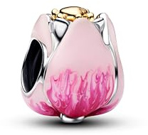PANDORA Charm a forma di tulipano, in argento sterling 925 con placcatura in oro 14 carati, con tulipani smaltato rosa e cristallo verde, 764352C01