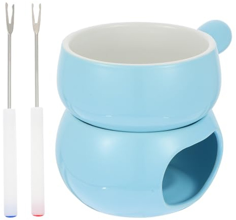 MALUGOGO Ceramic Cheese Fondue Set with Handle, Blue Base and Single Pot, Chocolate Melting Pot with 2 Forks for Home and Party Use, Chocolate Heating Support and Ceramic Random Color