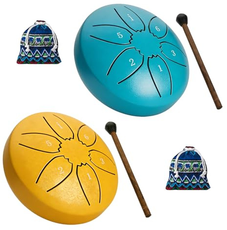 2er Set Regentrommel: 3 Zoll 6 Töne C-Key Zungentrommel Steel Tongue Drum mit Stofftasche, Musikbuch und Schlägel, Handpan Drum Percussion Instrument für Musikunterricht oder Geschenk (grün und Gold)