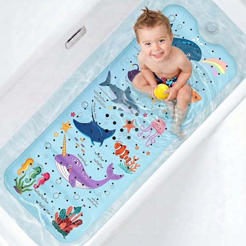 UNEEDE Baby Badewannenmatte rutschfest - 100x40cm | Extra Lange Antirutschmatte Badewanne Kinder mit 200+ Saugnäpfen, Weiche Duschmatte für Babys, Lernmotiv Meerestiere, Blau